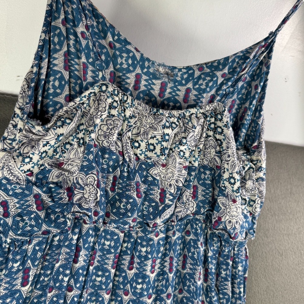 Angie Dress Women L Blue Floral Maxi Boho Cottage Garden Strap Rayon Geometric - Picture 8 of 10